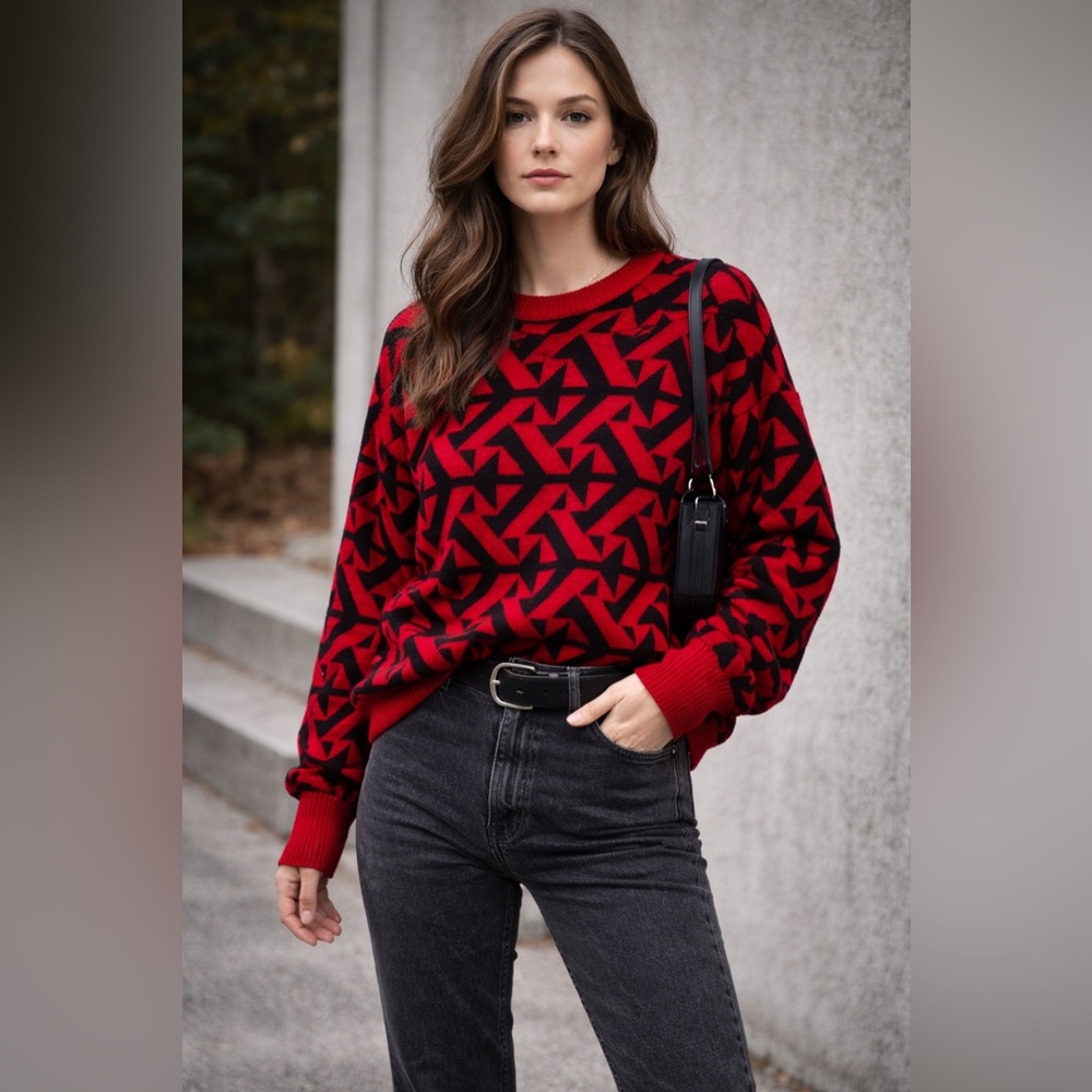 Vintage 80s 90s Red Black Geometric Knit Sweater Oversized Crewneck Unisex